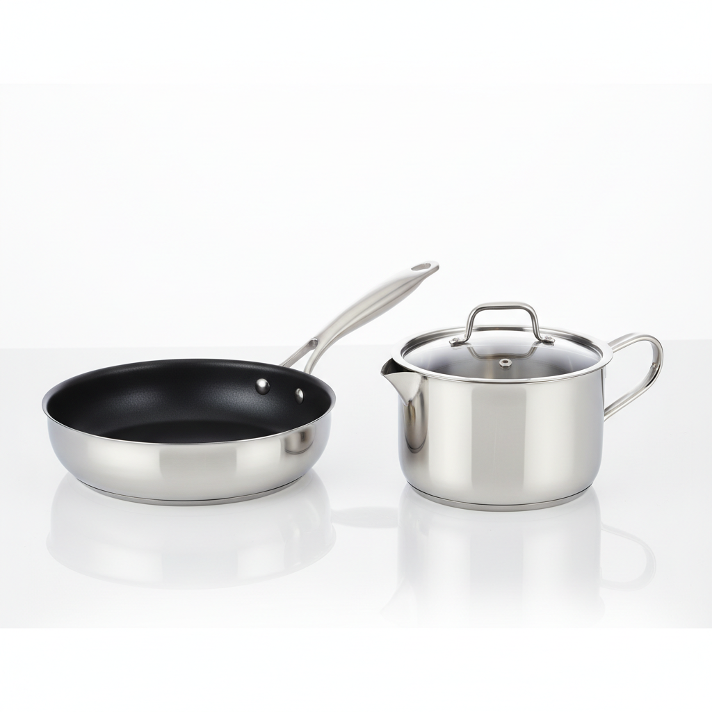 304 stainless steel non-stick frying pan and milk pot saucepan set on white background