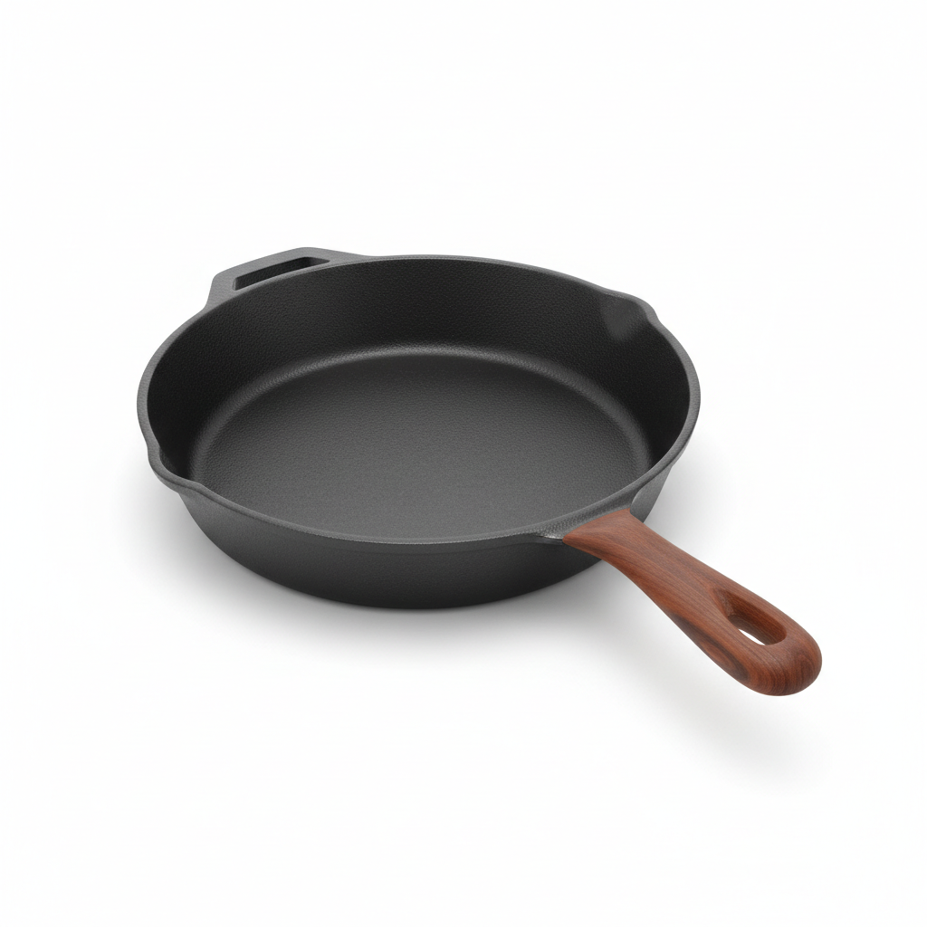 Traditional pre-seasoned cast iron skillet with wooden handle, no logos, clean white background