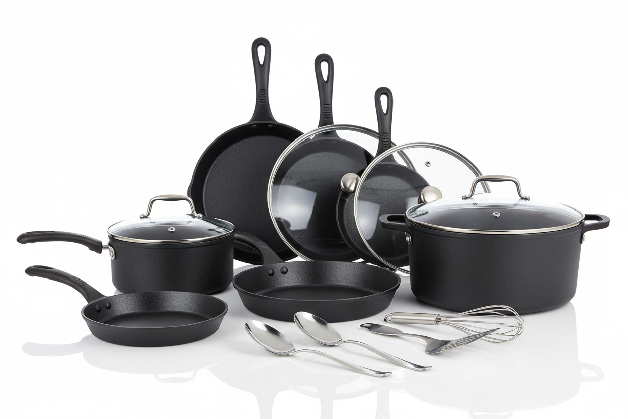 Complete 13-piece non-stick iron cookware set with frying pans, saucepan, stockpot and tempered glass lids arranged on white background