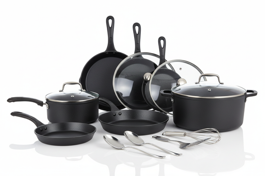 Complete 13-piece non-stick iron cookware set with frying pans, saucepan, stockpot and tempered glass lids arranged on white background