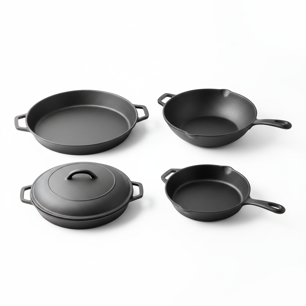 Four-piece thickened cast iron cookware set including paella pan, wok, braiser and skillet on white background
