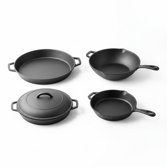 Four-piece thickened cast iron cookware set including paella pan, wok, braiser and skillet on white background