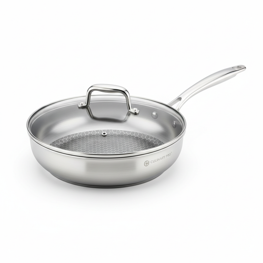 Premium 3-ply stainless steel fry pan with honeycomb non-stick interior and tempered glass lid