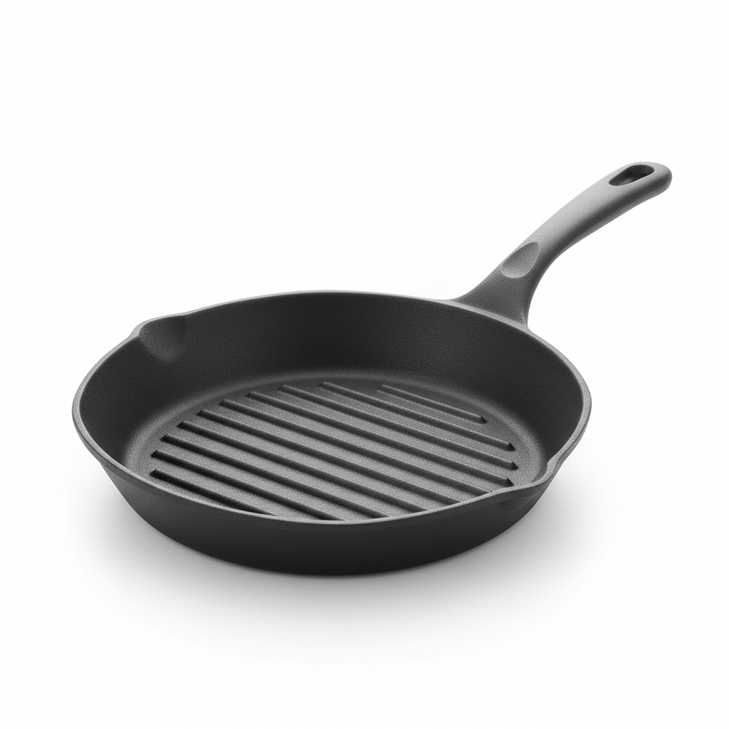 Modern nonstick steak grill pan with raised ridges, cast iron skillet wok hybrid on white background