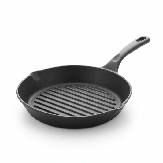 Modern nonstick steak grill pan with raised ridges, cast iron skillet wok hybrid on white background