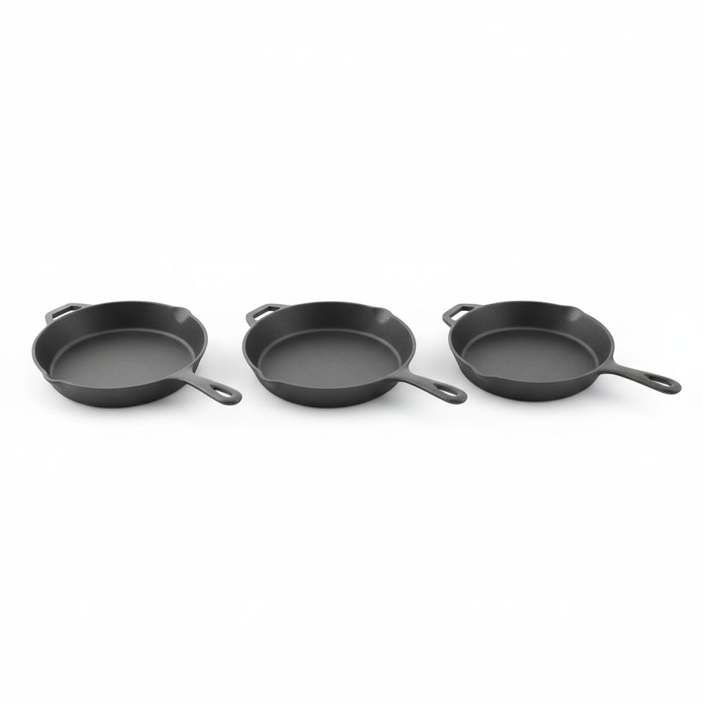 Three classic uncoated cast iron skillets neatly arranged on white background