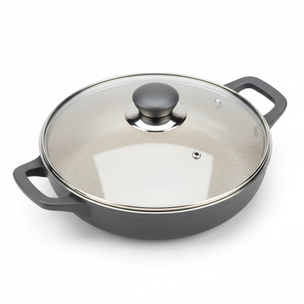 32cm cast aluminum ceramic non-stick saute fry pan overhead angle view on white background