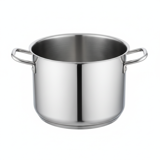 Professional grade stainless steel soup pot with two side handles and high-low body design on white background