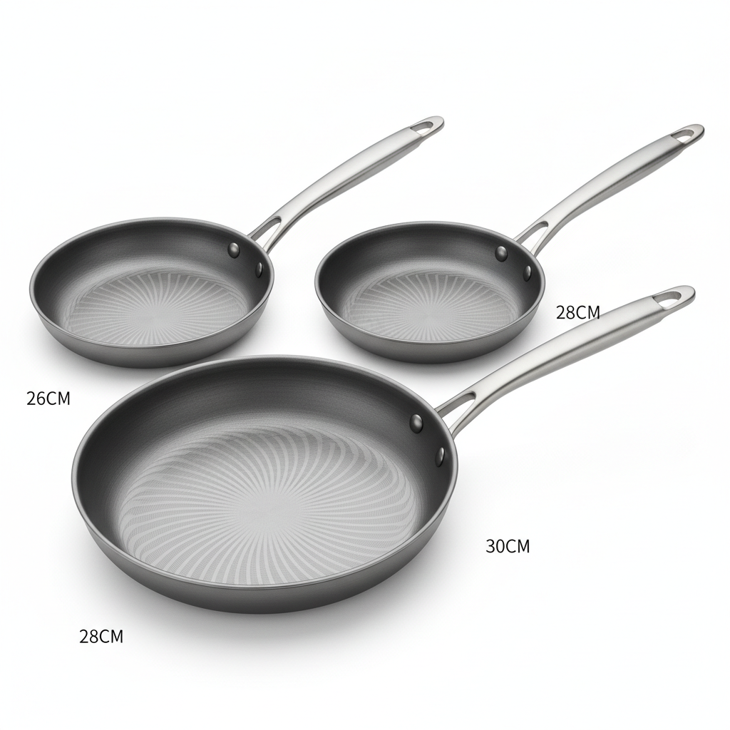 Titanium alloy fry pan with precision-etched stria texture interior, uncoated natural non-stick surface
