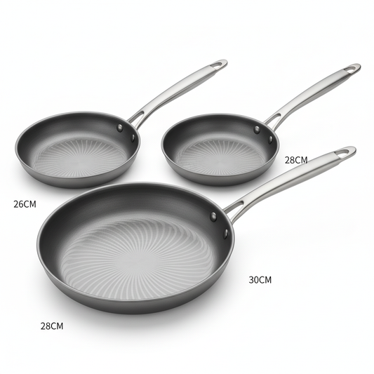 Titanium alloy fry pan with precision-etched stria texture interior, uncoated natural non-stick surface