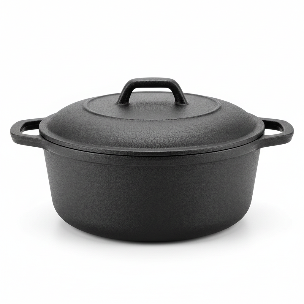 Classic cast iron stew pot with double handles and flat bottom on white background