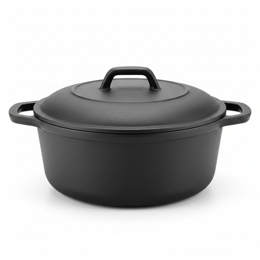 Classic cast iron stew pot with double handles and flat bottom on white background