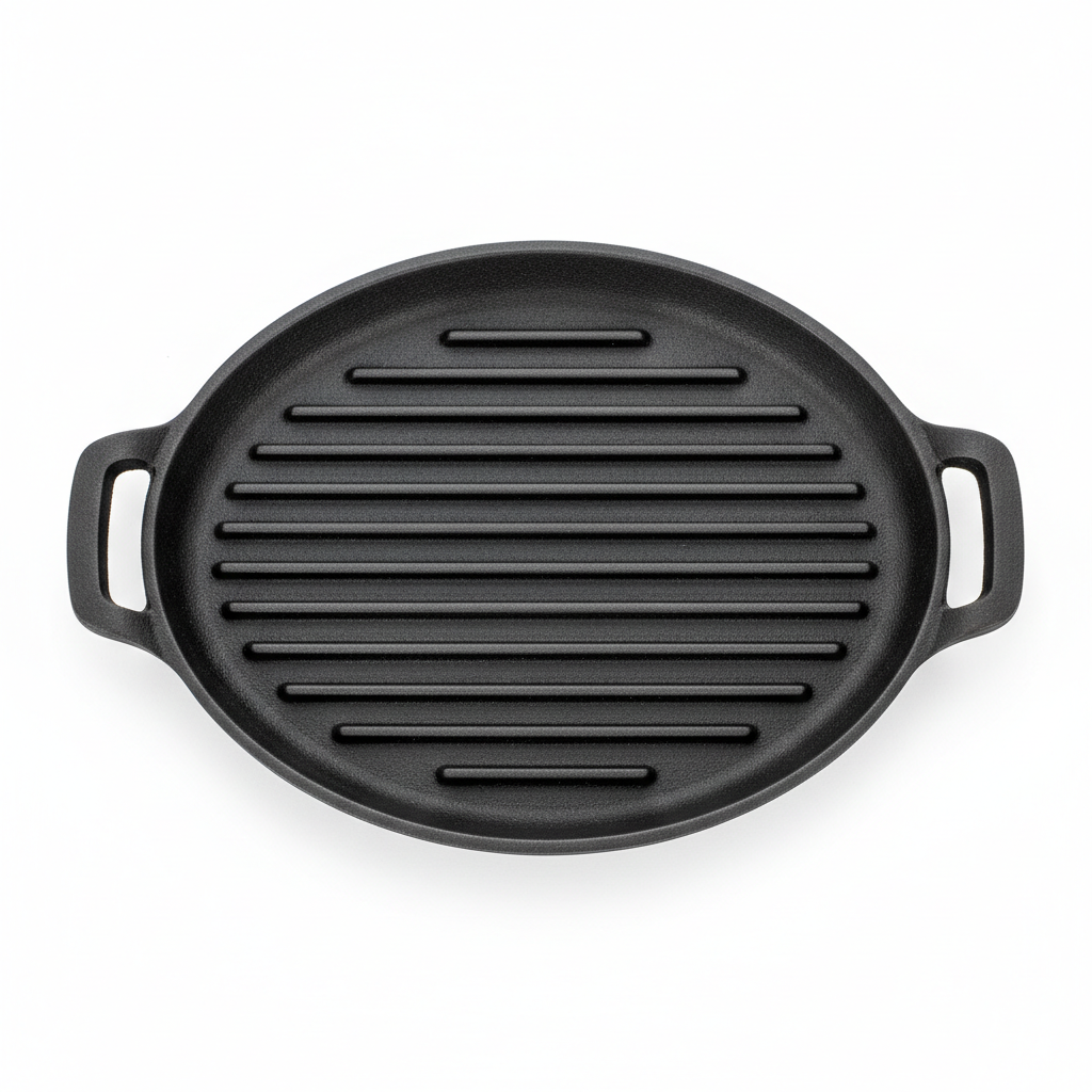 Cast iron teppanyaki oval ridged grill plate with two side handles on white background