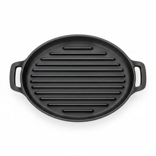 Cast iron teppanyaki oval ridged grill plate with two side handles on white background