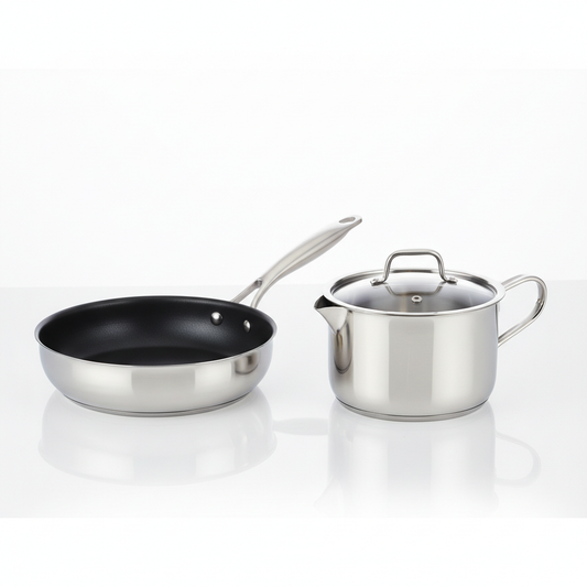 304 stainless steel non-stick frying pan and milk pot saucepan set on white background